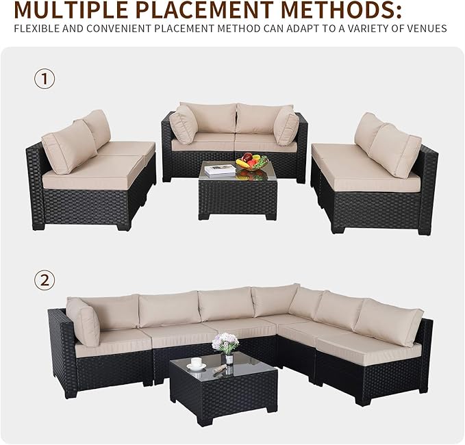 Valita 7 Pieces Outdoor Wicker Furniture Conversation Set Patio Sectional Sofa Set Glass Table with Non-Slip Cushions Furniture Cover, Khaki