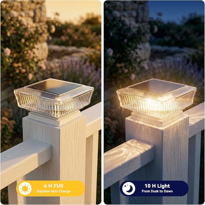 ELUTENG Solar Post Cap Lights, IP64 Waterproof Outdoor LED Fence Post Lights for 4x4 Wood & Vinyl Posts, High Brightness Solar Deck Lights for Patio, Porch, Yard and Garden Decoration