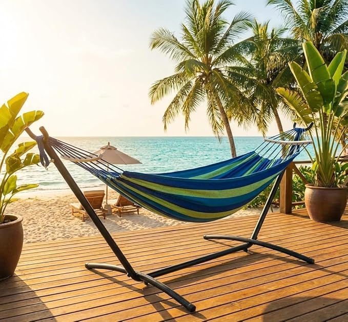 TrailBlaze Double Hammock with Heavy-Duty Steel Stand, 2 Person 450lbs Capacity, Portable Space-Saving Indoor Outdoor Use, Includes Carry Bag, for Patio Garden Yard, Light and Dark Blue-Green