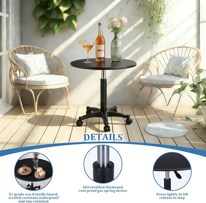 DoubleFill 23.3-31.5 Inches Height Adjustable Outdoor Cocktail Round Tables for Patio with Wheels Adjustable Tall 360°Swivel 23.7'' Round Cocktail Bar Table for Patio Pool Balcony Dining Room Party