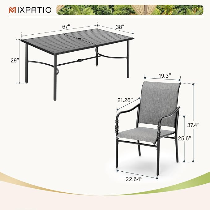 MIXPATIO 7 Pieces Outdoor Table and Chairs, Patio Dining Set for 6, 6 x Textilene Dining Chairs, Rectangular Outdoor Dining Table with Umbrella Hole for Lawn Garden Backyard Deck, Grey