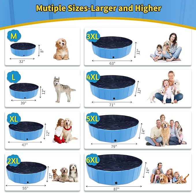 CACSPS Foldable Dog Pool, 71" x 12" Large Kiddie Pool with Hard Plastic, Non-Slip Dog Bath Tub for Outdoor Backyard, Collapsible Dog Swimming Pool for Kids Dogs Pets (Blue)