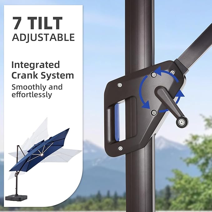 10 X 13 FT Cantilever Patio Umbrella with Led Lights and Base Included Heavy Duty Outdoor Double Top Large Rectangle Offset Umbrellas with 360-degree Rotation for Garden Pool Deck Backyard, Navy