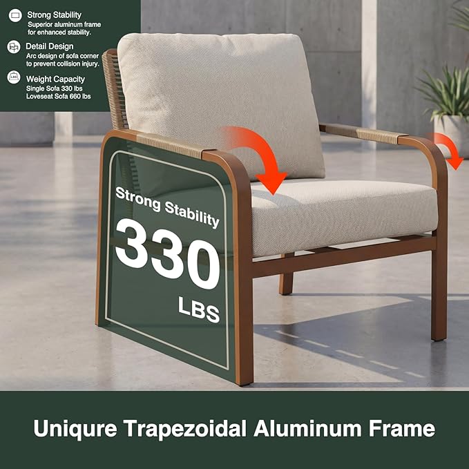 4-Piece Aluminum Outdoor Furniture Set with Coffee Table – 2-Seat Sofa with Cushions, All-Weather Metal Frame, Perfect for Patio, Garden, and Balcony,Beige (Beige, Corner Sofa Set)