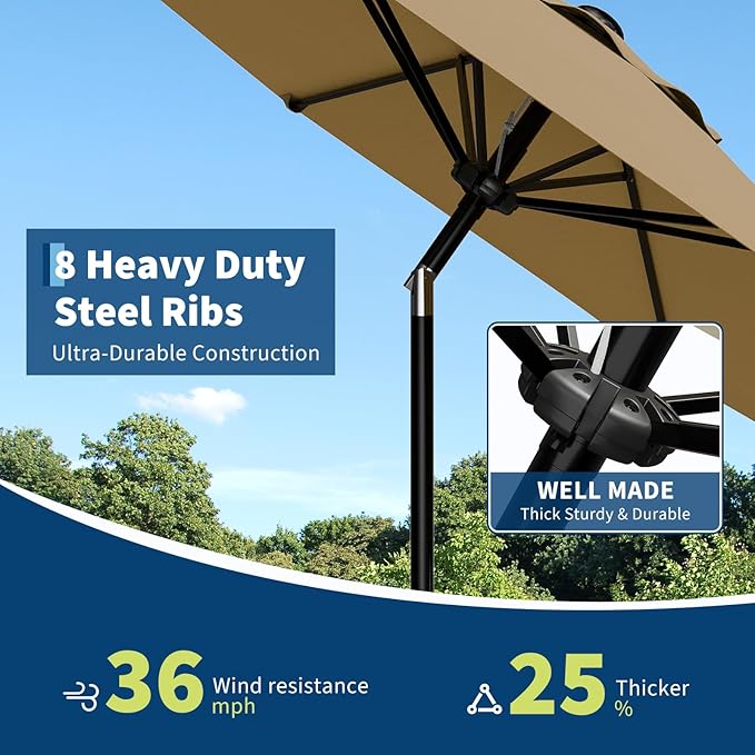 IDEALHOUSE 10FT Outdoor Patio Umbrella, UV Resistant Outdoor Table Parasol, Push Button Tilt & Crank Lift, 8 Fiberglass Ribs, Heavy Duty Canopy, Large Sunshade for Deck Yard Pool Cafe