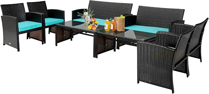 COSTWAY 8 Piece Patio Furniture Set, Outdoor PE Rattan Wicker Sectional Sofa with Cushion and Coffee Table, Patio Conversation Sets for Balcony Lawn Porch Patio Backyard Garden Poolside, Turquoise