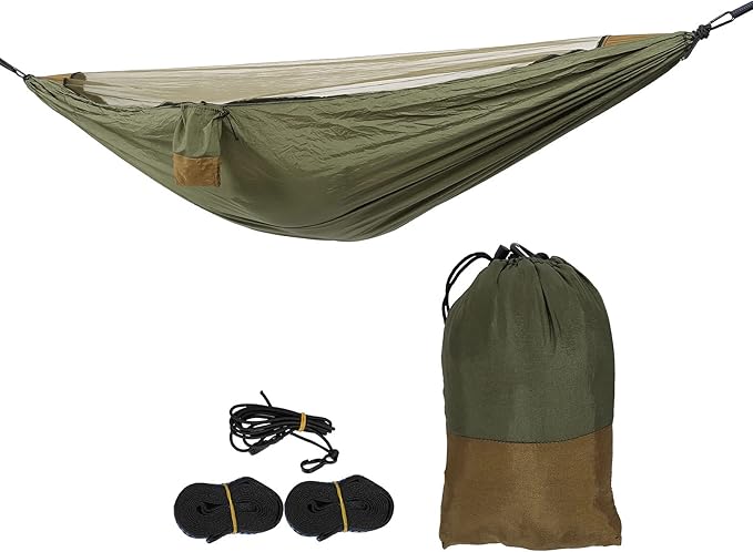 Single Hammock with Mosquito Netting, Nylon Camping Hammock, Anti Mosquito, Portable, Packable, Outdoor Sleeping Swing 280x140cm (Military Green + Camel Color)