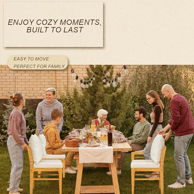 5 Pieces Wood Patio Furniture Set, Wood Outdoor Conversation Set with Bench, Loveseat, 2 Armchairs & Table, Natural+White