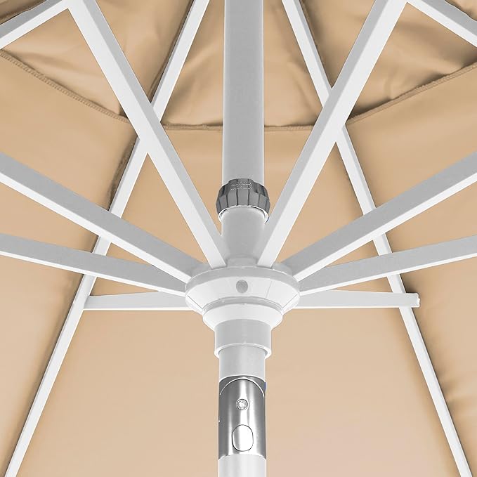 California Umbrella 12-Year-Non-Fading, 9Ft Premium Sunbrella Patio Umbrella, Hand-Crank, Button-Tilt, White Frame, Heather Beige Fabric