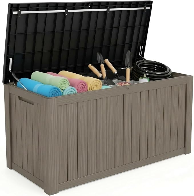 180 Gallon Resin Deck Box with Lockable Lid - Outdoor Waterproof Storage for Patio Furniture, Garden Tools, Cushions & Pool Accessories, All-Weather Wood Grain Design