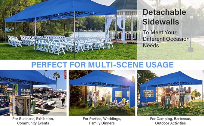 COBIZI 10x30 Pop up Canopy Tent Heavy Duty with 8 Sidewalls, Easy Set-up Commercial Outdoor Party Tent, 100% Waterproof Wedding Gazebo, 3 Height Adjustable with Wheeled Bag, Blue