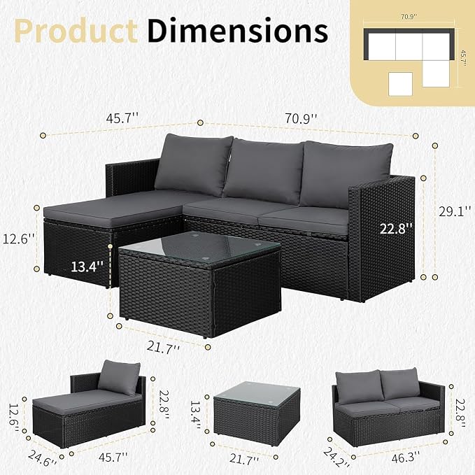 JAMFLY 4-Piece Patio Furniture Set with 43" Propane Fire Pit Table, Grey | All-Weather PE Wicker Sectional Sofa, Outdoor Conversation Set for Garden, Backyard & Deck