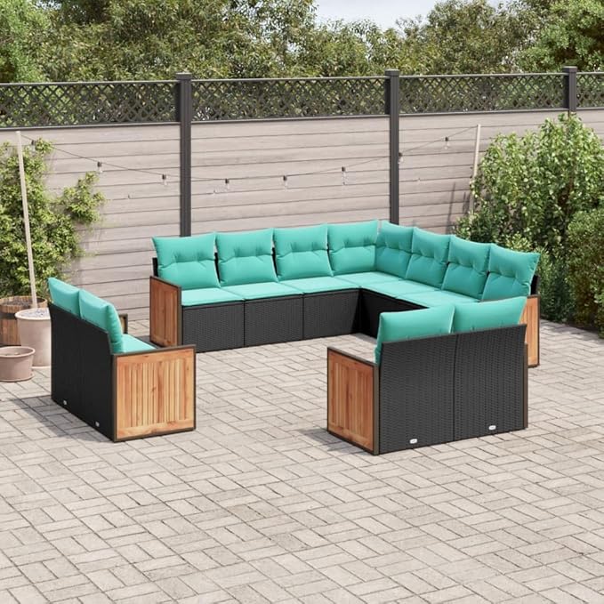 11 Piece Patio Sofa Set with Cushions, Sectional Sofa Outdoor Sofa Sets Patio Conversation Set Front Porch Furniture for Exhibition Garden Poolside Negotiation Area Black Poly Rattan
