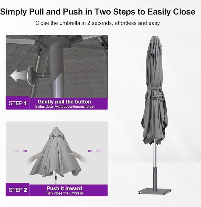 PURPLE LEAF 6 X 10 FT Semi-Auto Outdoor Patio Umbrella Market Table Sun Umbrellas with 6 Aluminum Sturdy Ribs for Backyard Deck Garden Pool (Silver Pole Gray Canopy)