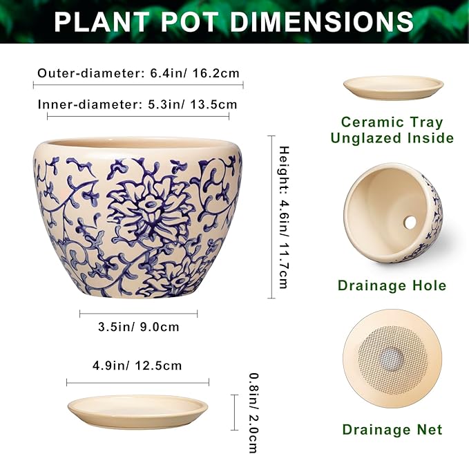 6 Inch Plant Pot - Ceramic Planters for Succulent Snake Plants, Round Pots for Plants with Drainage Hole and Saucer, Indoor Flower Pots, Living Room Decor, Gardening Gifts, Retro Blue