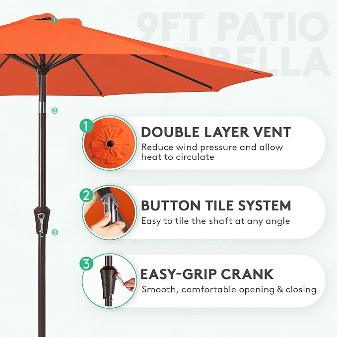 JEAREY Outdoor Patio Umbrella 9FT Outdoor Table Umbrella with Push Button Tilt and Crank, Market Umbrellas 8 Sturdy Ribs UV Protection Waterproof for Garden, Deck, Pool (Red Orange)