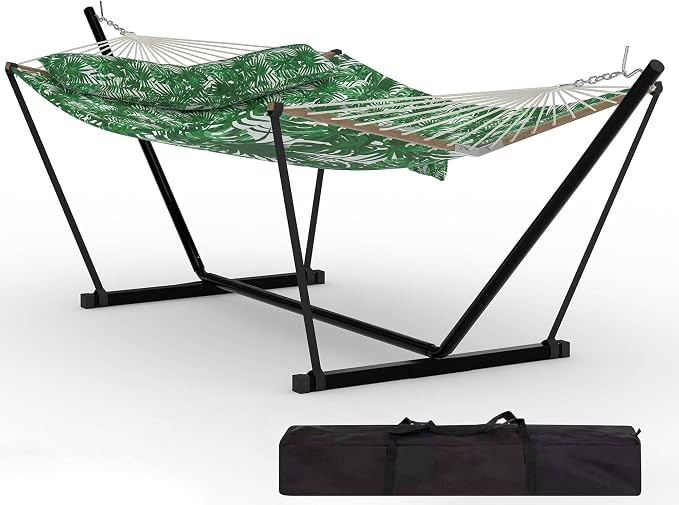 Double Outdoor Hammock with Stand – Heavy Duty 2-Person, 450lbs Capacity, Quilted Polyester, Adjustable Steel Frame, Pillow & Carry Bag, Weatherproof for Patio, Garden, Backyard, Beach –