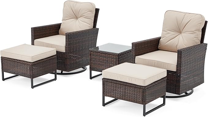 AVAWING 5 Pieces Patio Furniture Set, Wicker Swivel Glider Chairs with 2 Ottomans and 1 Side Table, Patio Chairs with Waterproof Blue Cushions for Garden, Backyard and Porch,