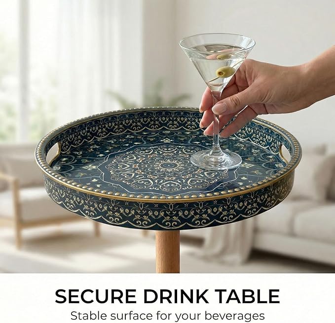 Gesodant Boho Single Leg Round Side Table with Tray Top, Pedestal Drink Table for Small Spaces, Aesthetic Accent Nightstand for Living Room, Bedroom, Corners, and Office (Yellow Leg Blue Maze)