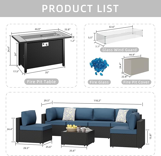 JAMFLY 8 Piece Outdoor Patio Furniture Set with Propane Fire Pit Table, All-Weather PE Wicker Rattan Sectional Sofa Set with Thick Cushions for Backyard, Garden, Poolside(Aegean Blue, Black)