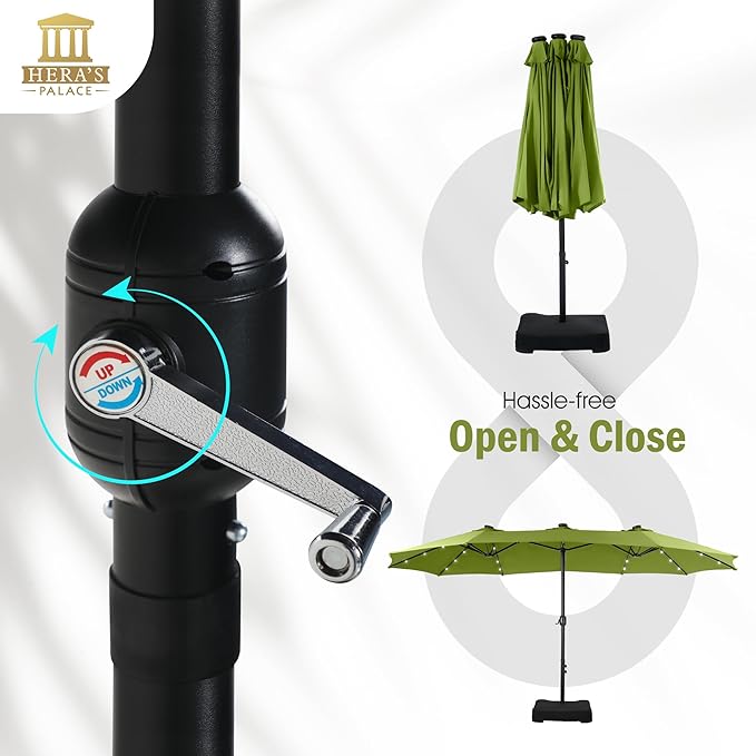 HERA'S PALACE 15ft Patio Umbrella with Base Included Double Sided Outdoor Umbrella for Patio Table Umbrella Outdoor 36 LED Solar Lights for Garden