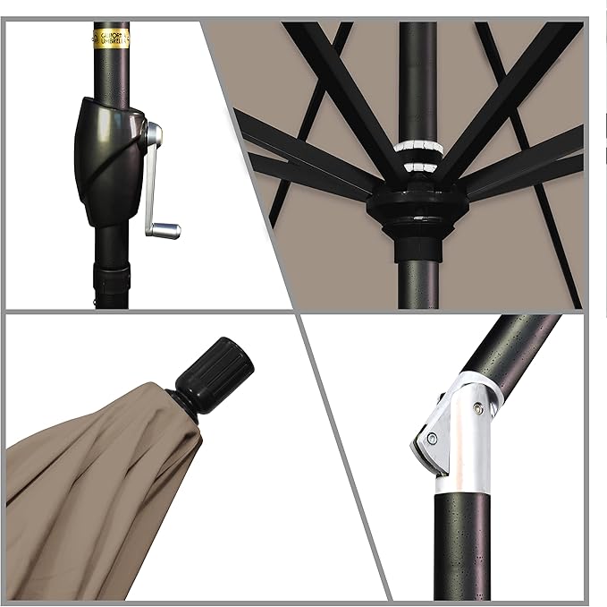 California Umbrella 7.5' Round Aluminum Market Umbrella, Crank Lift, Push Button Tilt, Black Pole, Sunbrella Taupe