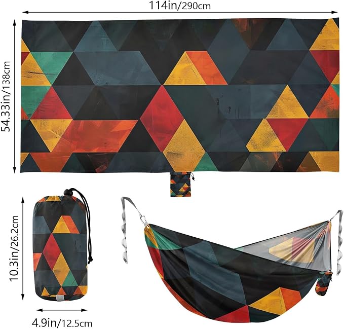 FRMG Colorful Geometric Triangles Camping Hammock 500 lbs Capacity Portable Hammocks with Tree Straps & Attached Carry Bag, Camping Essentials Gear A0900360a