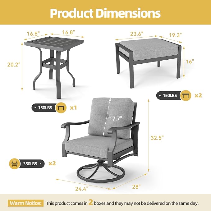 Outdoor Swivel Rocker Chairs w/2 Ottomans, Coffee Table, 5 Piece Metal Patio Conversation Bistro Set with 5" Thickened Cushions, Aluminum Frame for Porch, Backyard, Balcony, Gray