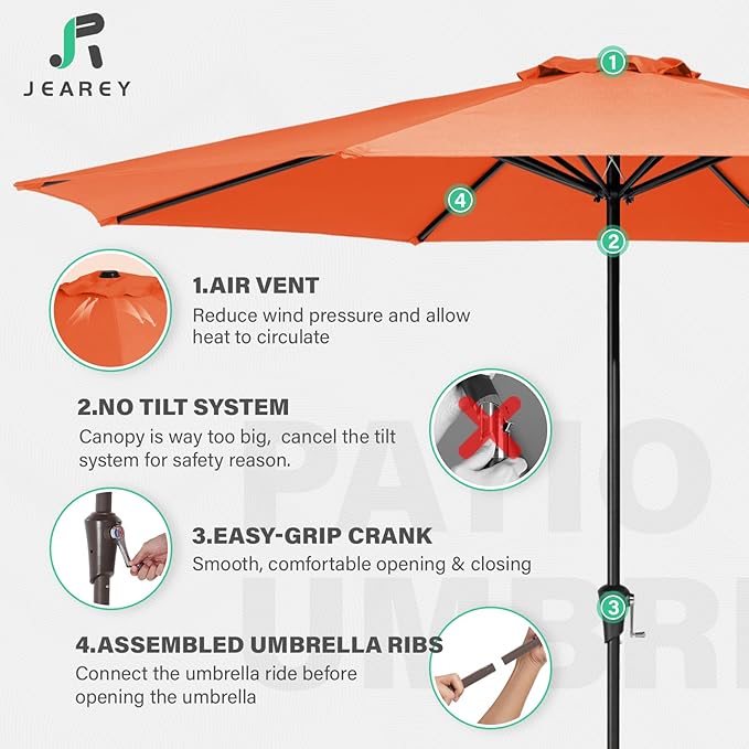 JEAREY 11' Patio Umbrellas Outdoor Table Market Umbrella w/Crank, 8 Sturdy Ribs, UV Protection Windproof for Garden, Deck, Backyard, Pool(Orange)