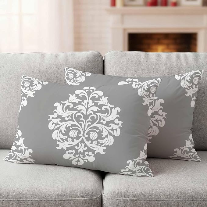 Outdoor Pillow Covers Set of 2, Damask Abstract Flower Grey Decorative Throw Pillow Covers 20X12IN, Classic Luxury Floral Throw Pillows Protector Cushion Case for Patio,Couch,Sofa,Garden
