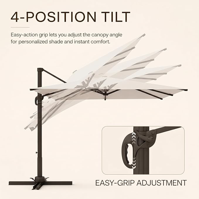 Kingdura 10x10 FT Cantilever Patio Umbrella with Base Included, Large Square Aluminum Offset Outdoor Pool Umbrella, 360° Rotation & 4-Position Tilt, UV Protection for Deck Backyard (Cream white)