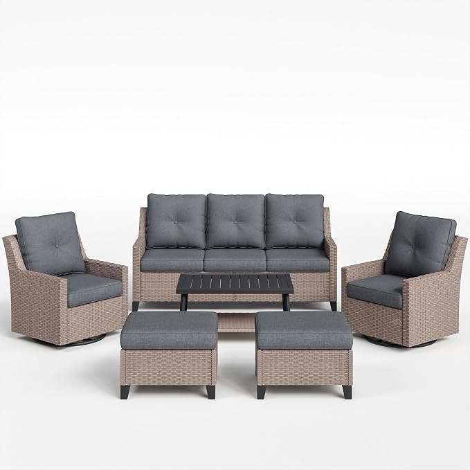 NestNook 6 Piece Patio Furniture Set, Outdoor Furniture Wicker Swivel Chairs Set of 2 with 3-Seater Sofa, 2 Ottomans and Coffee Table Patio Conversation Set for Backyard Balcony & Poolside（Dark Grey）