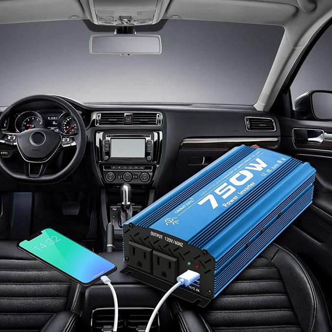 750W Modified Sine Wave Power Inverter DC 12V to AC 110V, Peak 1500 Watt, Car Plug Inverter Adapter Power Converter with 4.2A Dual USB Charging Ports and 2 AC Outlets Car Charger Blue