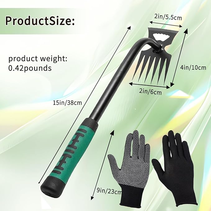 LINGYUE 3Pcs Weed Puller Tool - 6 Teeth Dual Purpose Weed Puller, Manganese Steel Uprooting Weeding Artifact for Yard Garden Farm (with Rubber Gloves)