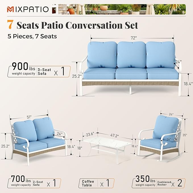 5 Piece Patio Furniture Set, 2 x Rocking Chair, 1 x 2-Seat Sofa, 1 x 3-Seat Sofa with Marbling Coffee Table, All Cushioned 7 Seats Outdoor Conversation Set for Lawn Garden Backyard, Blue