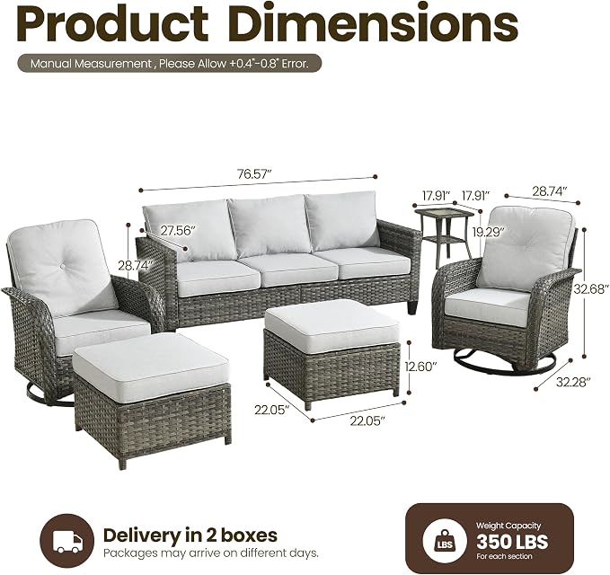 6 Piece Wicker Patio Furniture with Swivel Rocker Chair, Gray | High Back Swivel Rocker Chairs, Outdoor Sofa Ottoman, Heavy Duty, All Weather Rattan Modern Conversation Sets, Deck Backyard