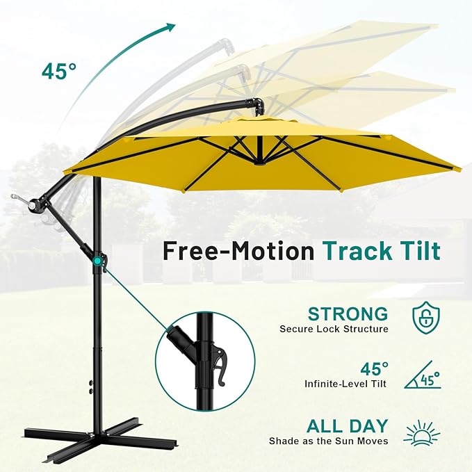 AreShark 10FT Patio Outdoor Umbrella, Offset Patio Umbrella Cantilever Umbrella, 6 Sturdy Ribs, Easy Adjustment for Garden Market Pool with Cross Base (Yellow)