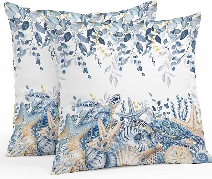 Pack of 2 Blue Turtle Coastal Outdoor Pillow Covers Decorative, Beach Coral Starfish Waterproof Pillow Protector, Nautical Sea Eucalyptus Throw Pillowcases Cushion Cases for Patio Couch Sofa 16"x16"