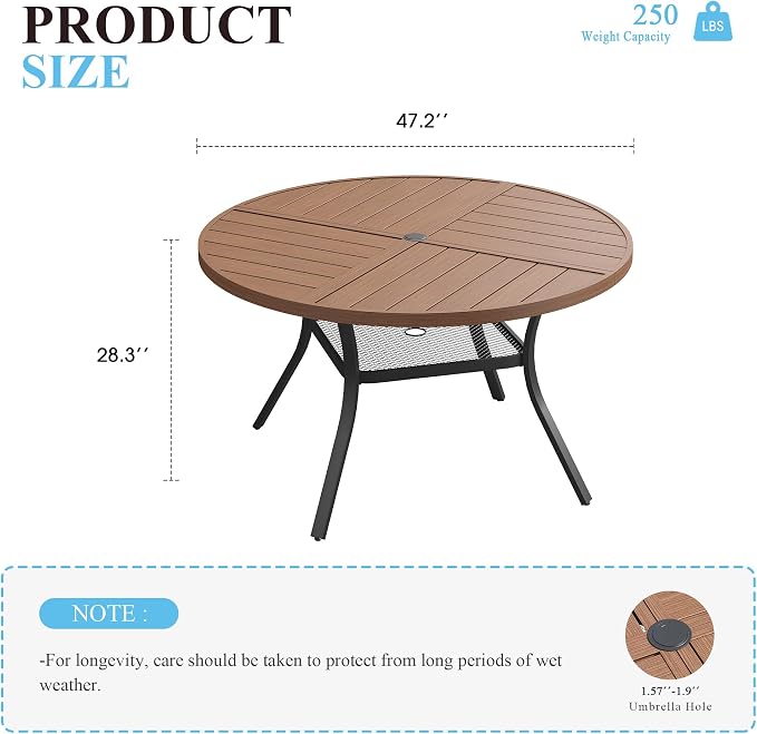 VICLLAX 47.2" Round Patio Table with Umbrella Hole, All Weather Metal Outdoor Dining Table for 6, Outside Table with Storage Shelf for Lawn Garden, Walnut Wood-Grain Finish