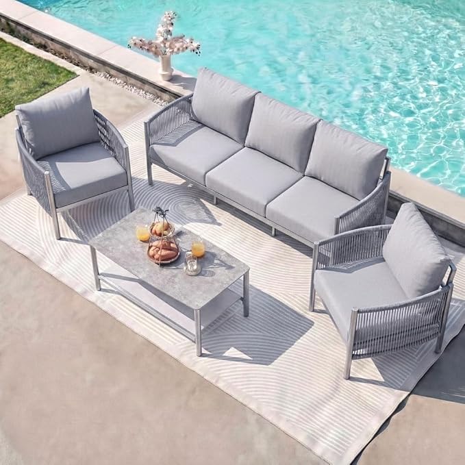 Aluminum Patio Furniture Set, 5 Seats Modern Outdoor Sectional Furniture with PE Rope & Dual-Layer Coffee Table, Luxury Patio Conversation Sets with 6" Cushions for Backyard/Garden, Silver