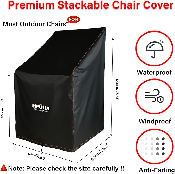 Patio Chair Cover, Outdoor Chair Cover Waterproof 210D, Stacked Chairs Lounge Chair Covers Outdoor Stack Chairs for All Weather Protection, Black, 25"L x 25"W x 47”H (2 Pack)