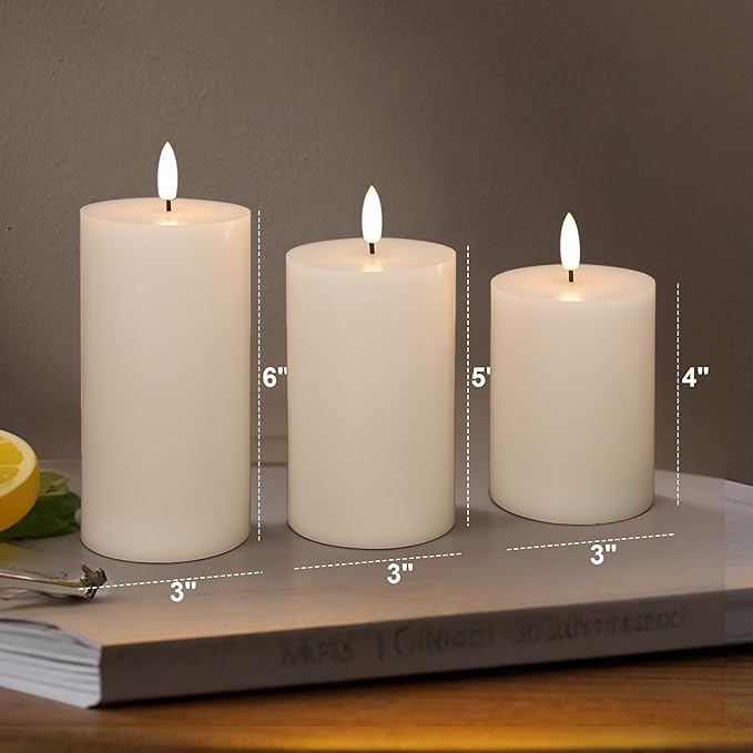 Flickering Flameless Candles, Real Wax Battery Operated Candles with Remote, Flat Top Led Flameless Pillar Candles for Home, Wedding, Party Decor, Set of 3, Φ 3" H 4" 5" 6", Ivory