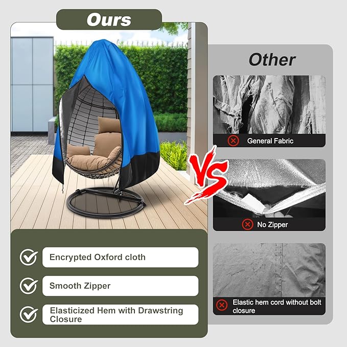 Patio Egg Chair Cover with Zipper,Outdoor Hanging Egg Chair Cover,UV Resistant,Windproof Heavy Duty,Wicker Egg Swing Chair Covers,Fits Single Seat Egg Chair,75"" x 45"",Blue