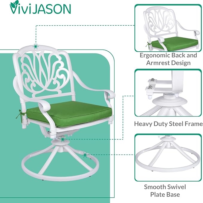 VIVIJASON 7-Piece Outdoor Furniture Dining Set, All-Weather Cast Aluminum Patio Conversation Set, Include 4 Stationary Chairs, 2 Swivel Dining Chairs and a Rectangle Table with Umbrella Hole, White