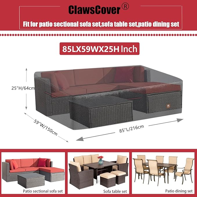 ClawsCover 5-6 Pieces Patio Furniture Sets Covers Waterproof,4 Seater Wicker Rattan Outdoor Sectional Couch Sofa Cover,Fadeless Tearproof Patio Table Set Cover,Rectangle,85Lx59Wx25H Inch