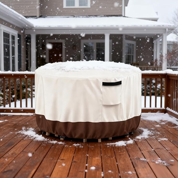 Outdoor Round Table Cover Waterproof Patio Furniture Covers,Patio Round Table Chair Set Covers - 42" Dia x 34" H (Beige & Brown)