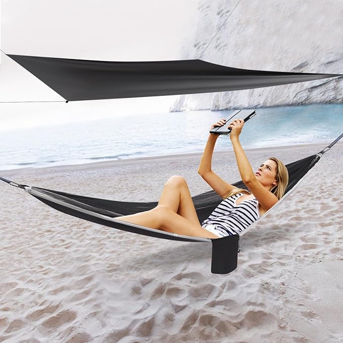 Camping Hammock, Portable Camping Hammock Double Tree Hammock Outdoor Indoor Backpacking Travel & Survival, with 2 Tree Straps and Attached Carry Bag (Black and Grey)