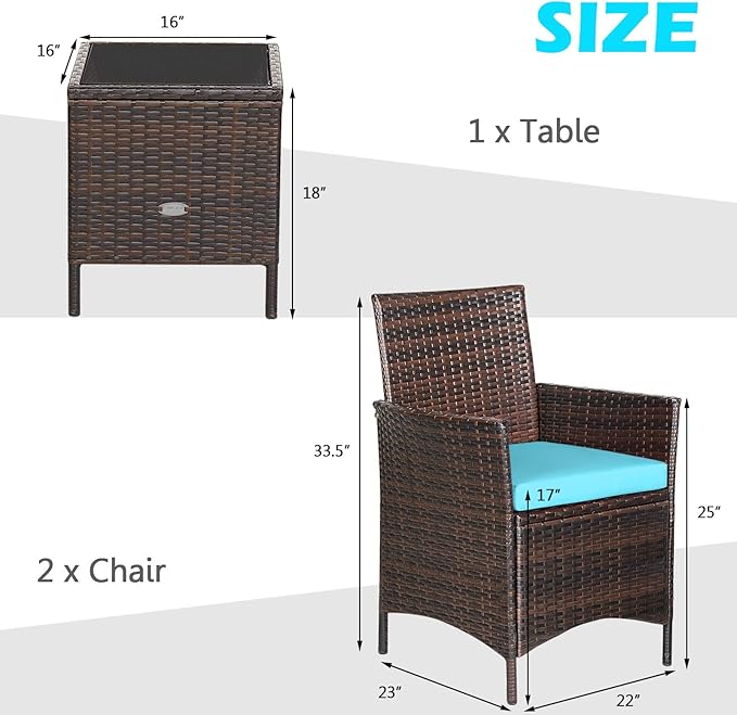 3 Pieces Patio Furniture Set, Wicker Outdoor Furniture with Water-Resistant Cushion & Tempered Glass Top Table, Conversation Set Bistro Set for Porch, Balcony, Backyard (Turquoise)