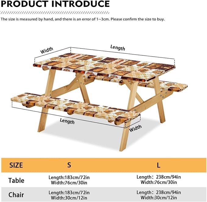 Fall Picnic Table Cover with Bench Covers 3 Piece Set 30 x 94 Inch Picnic Foldable Picnic Table and Bench Fitted Tablecloth Cover for Outdoor BBQ Holiday Party Camping