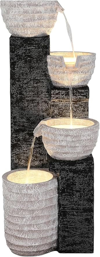 40" H Multilayer Cascading Outdoor Water Fountain with LED Lights & Pump, Sand-Textured Polyresin Freestanding Garden Fountain for Tranquil Garden, Patio or Porch